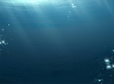 Ay ışığının su yüzeyinde parladığı karanlık okyanus manzarası ve kabarcıklar yukarı doğru süzülüyor.