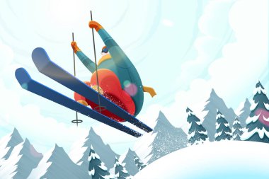 Orman kayak alanı arka planında havada zıplayan profesyonel alp kayakçısı, düşük açılı illüstrasyon
