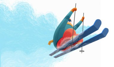 Profesyonel alp kayakçısı sisli arka planda, düşük açılı illüstrasyonla havada zıplıyor.