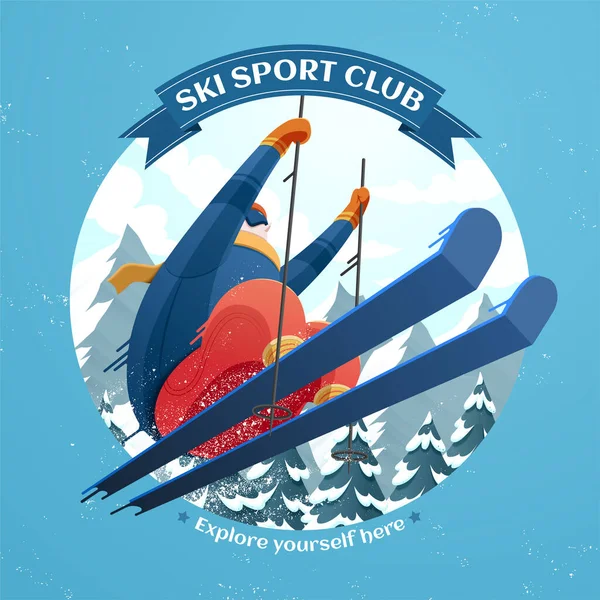 Ski Sport Club Εικονογράφηση Σκιέρ Άλμα Στον Αέρα Φόντο Χιονοδρομικό — Διανυσματικό Αρχείο