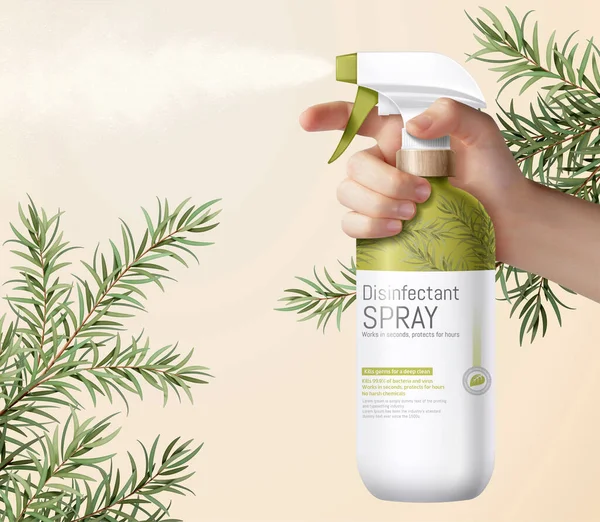 Realistische Hand Mit Grasgrüner Sprühflasche Verziert Mit Ätherischen Teebaumblättern Auf — Stockvektor