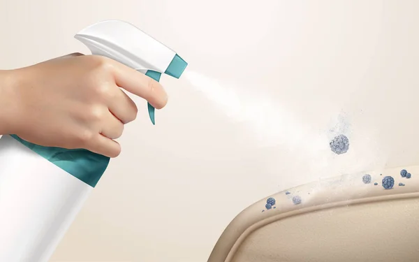 Realistische Hand Houden Trigger Spray Fles Bank Armleuning Desinfecteren Concept — Stockvector