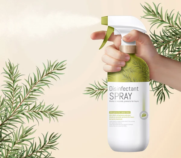Realistic hand holding grass green trigger spray bottle, decorated with ethereal tea tree leaves on background, 3d illustration — Stock Illustration Realistic Hand Holding Grass Green Trigger Spray Bottle Decorated Ethereal Royalty Free Stock Illustrations