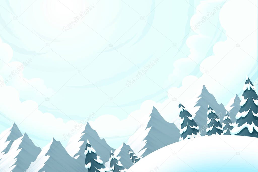 Beautiful snow slope with forest landscape, low angle view