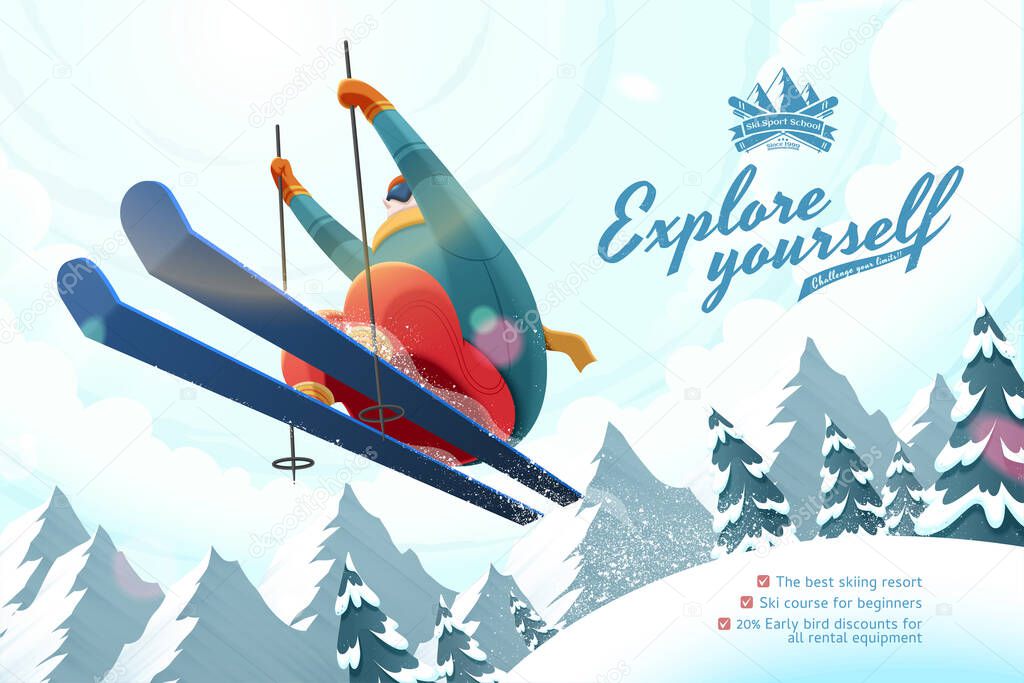 Ski resort course ads with professional skier jumping in the air, snow mountain background, low angle view illustration