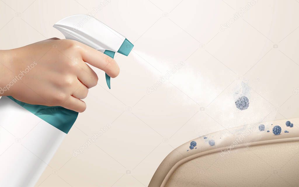Realistic hand holding trigger spray bottle to disinfect couch armrest, concept of effective cleansing, 3d illustration