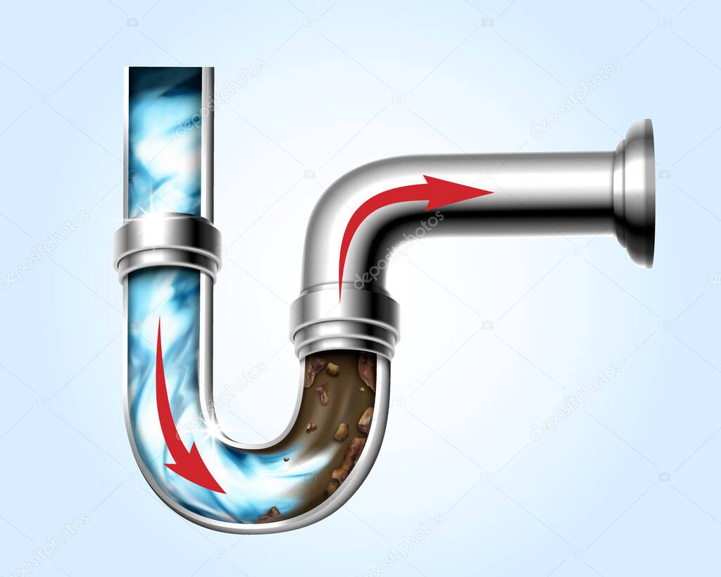 3d illustration effect of powerful chemical agent unclogging dirty water pipe, isolated on light blue background