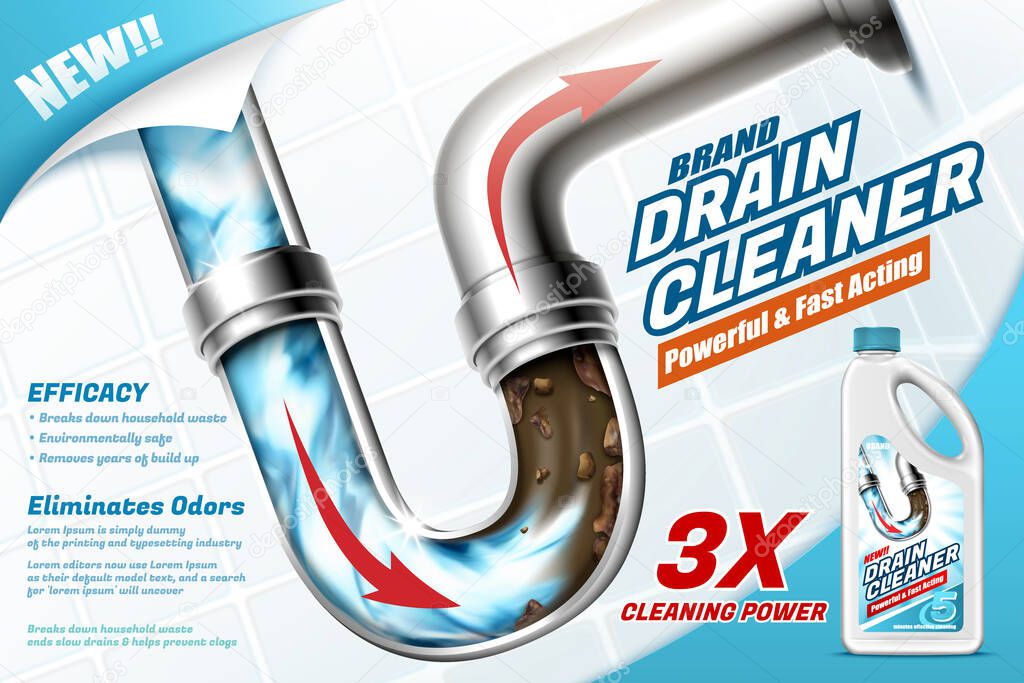 Ad template for drain cleaner, with powerful chemical agent unclogging dirty water pipe, 3d illustration