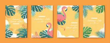 Flamingo ve tropikal yaprak broşürleri düz stil, yaz zamanı şablonları