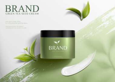 3D illüstrasyon yeşil çay tohumu kreması reklamları, fırça darbesi arka planında uzanan ürün üst görüş açısı