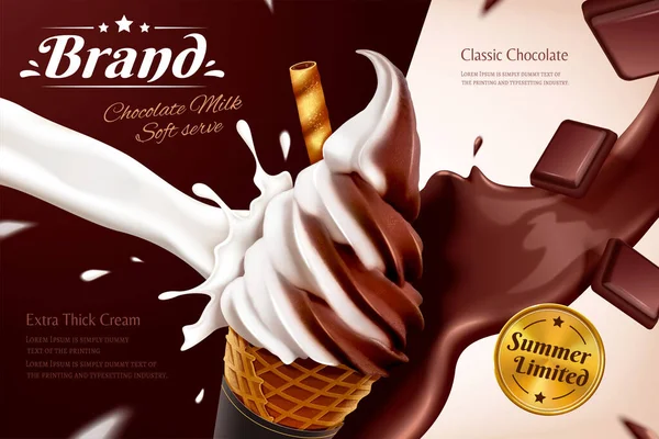 Σοκολάτα Μαλακό Εξυπηρετούν Παγωτό Χωνάκι Διαφημίσεις Ροή Επίδραση Σιρόπι Και — Διανυσματικό Αρχείο
