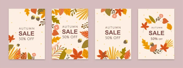 Conjunto Hojas Coloridas Otoño Diseños Folletos Bellotas Plantilla Venta Temporada — Vector de stock