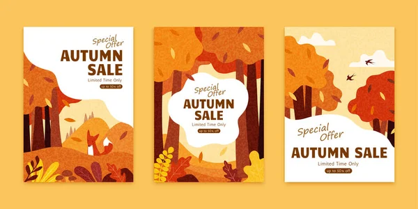 Autumn illustration brochure set with adorable fox in fall forest