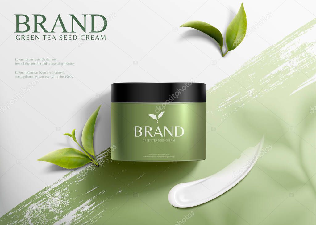 3d illustration green tea seed cream ads, product lying on brush stroke background in top view angle