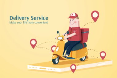 Mal, sevkiyat ya da yemek dağıtım servisi konsepti, düz stil illüstrasyon için scooter kullanan sevimli kurye karakter.