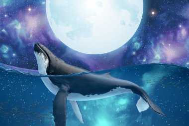 Kambur balina casusunun gizemli evrende gümüş süper ayı seyretmek için zıpladığı gerçeküstü bir sahne, 3D illüstrasyon
