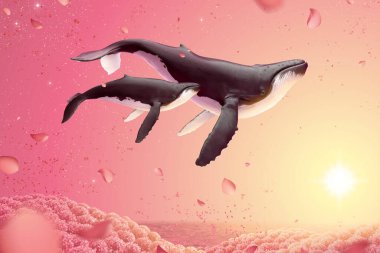 Romantik çiçek tarlalarında yüzen kambur balinaların gerçeküstü sahnesi, 3D çizimler.