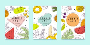 Çizgi sanatı kapak şablonu, tropikal meyve konsepti, yaz indirimi reklamı, web afişi, poster kullanımı
