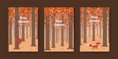 Sonbahar için güzel bir illüstrasyon seti, sonbahar ormanlarında kızıl tilki ve tembel hayvan.