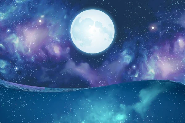 在神秘的宇宙背景下 银色的超级月亮挂在水面上的超现实场景 — 图库矢量图片