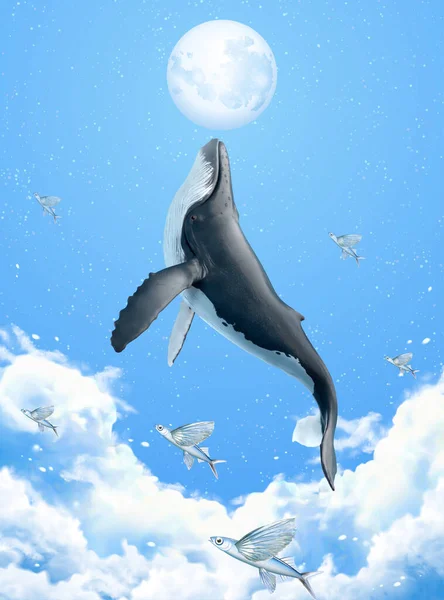 座头鲸冲破云层到达银色月亮的超现实场景 3D例 — 图库矢量图片