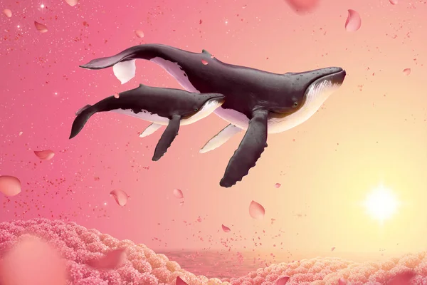 Сюрреалистическая Сцена Горбатых Китов Плавающих Романтических Цветочных Полях Иллюстрация — стоковый вектор