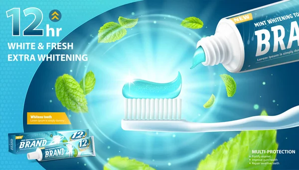 Uçan nane yapraklı beyazlatıcı diş macunu reklamları ve mavi arka plandaki diş fırçasının etrafında ışıltılı efektler, 3 boyutlu illüstrasyon