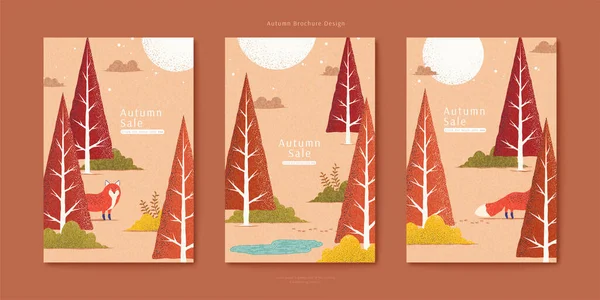 Lovely Red Fox Autumn Forest Illustration Set Triangle Trees Orange — Stock Vector