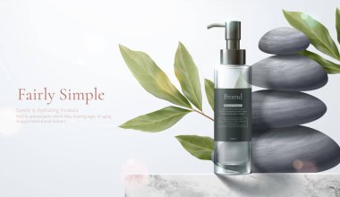Bitkisel kozmetik reklamı, basit ve doğal cilt bakımı, mermer masa üzerinde yapraklı ve zen çakıl taşlı ürün modeli.