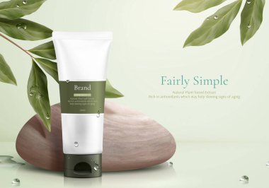 3D bitkisel kozmetik reklamı, basit ve sağlıklı cilt bakımı, çakıl taşı ve limon okaliptüslü ürün modeli
