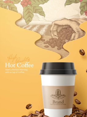 3D resimli kahve reklamları, kabartma stili kavrulmuş fasulye ve dumanlı arka planda kahve meyvesi malzemeleri.