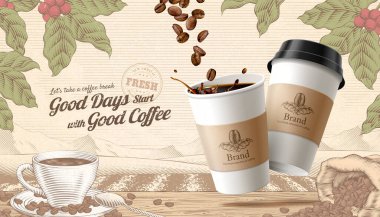 3D resimli kahve reklamları, kabartma tarzı kabartma sahne arka planı kavrulmuş fasulye ve ahşap masa üzerinde fincan.