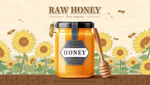 ハニーコームのデザインプラットフォーム上の蜂蜜のディップとミツバチとひまわり蜂蜜製品を3Dイラストでひまわりを背景に — ストックベクタ