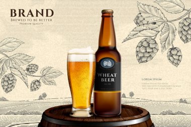 Buğday birası şişesi ve ahşap fıçının üzerinde cam oymalı kırsal arka plan üzerine üç boyutlu resimleme.