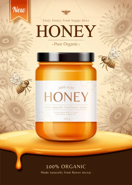 Honey Product Illustration Engraved Sunflower Background Vector Graphics