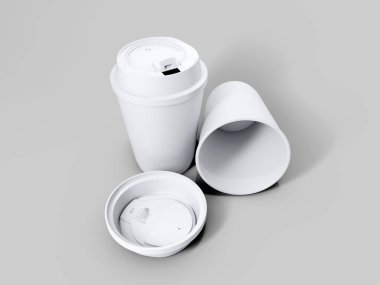 3D görüntüleme açık gri arka planda iki beyaz kahve fincanı, yüksek görüşlü bir şekilde uzanmış.