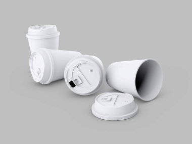 3D kağıt kahve fincanları gri arka planda, beyaz bardaklar yerde yatıyor.