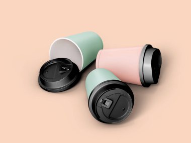 Şeftali pembesi arka planda üç boyutlu kağıt kahve fincanları, yüksek manzarada yerde duran pastel renkli tek kullanımlık bardaklar.