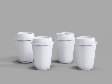 Açık gri arkaplanda üç boyutlu kağıt kahve fincanları, dört beyaz tek kullanımlık fincanlar.