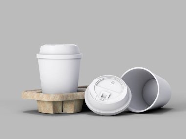 3D kağıt kahve fincanı ve bardak taşıyıcısı, iki beyaz tek kullanımlık kupa.