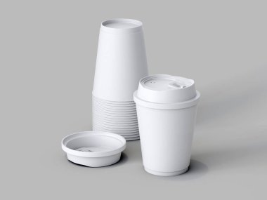 3D dizilmiş kağıt kahve fincanları, gri arka planda beyaz tek kullanımlık fincanlar.
