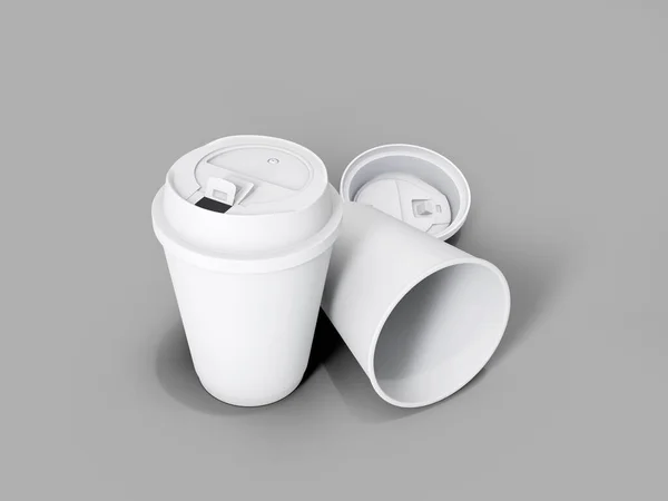 Rendering Zweier Weißer Kaffeebecher Zum Mitnehmen Auf Hellgrauem Hintergrund Mit — Stockfoto