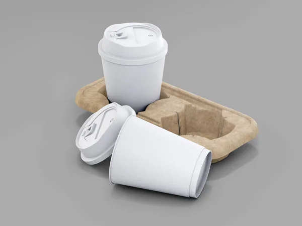 Rendering Papier Kaffeetassen Mit Tassenhalter Zwei Weiße Einwegbecher Attrappen Erhöhter — Stockfoto