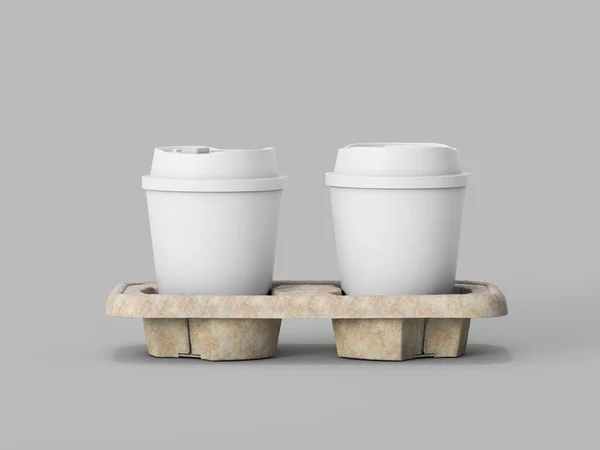 3Dレンダリング紙コーヒーカップ付きカップキャリア ライトグレーの背景に2つの白い使い捨てカップモックアップ — ストック写真