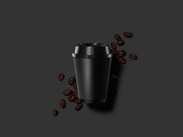 Rendering Schwarzer Papierkaffeetasse Auf Dunklem Hintergrund Mit Kaffeebohnen Einwegbecher Attrappe — Stockfoto