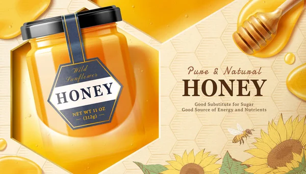 Zonnebloem Honing Pot Een Vloeistof Illustratie Met Honing Dipper Honingbij — Stockvector