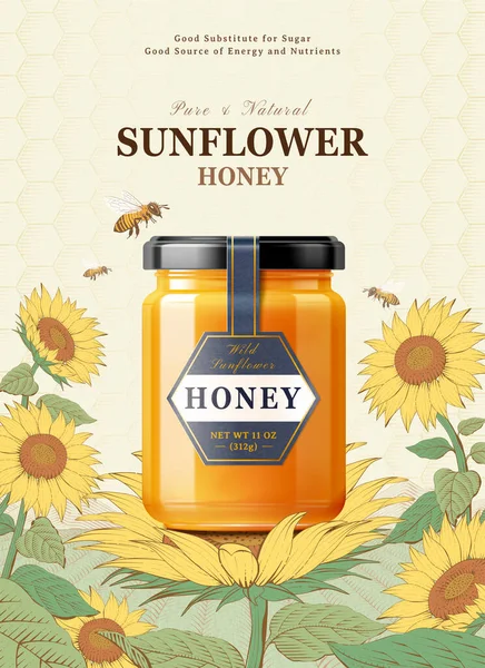 ひまわり蜂蜜製品で3Dイラスト上のひまわりとミツバチとともに刻まれたミツバチの背景 — ストックベクタ