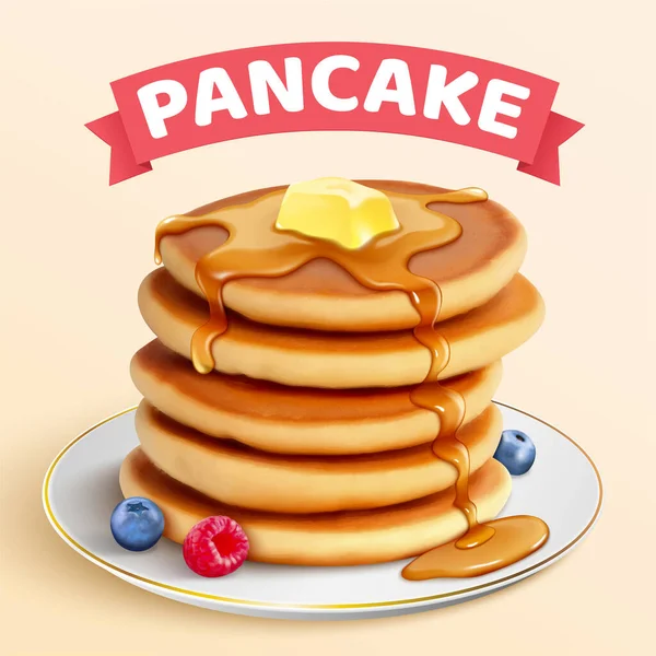 Annunci Pancake Fatti Casa Illustrazione Mucchio Frittelle Con Burro Miele — Vettoriale Stock