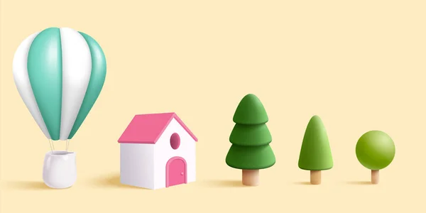 Petite Montgolfière Maison Ensemble Arbres Illustration Éléments Conception Sur Fond — Image vectorielle