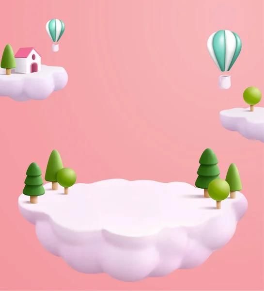 Ilustração Uma Casa Árvores Nuvem Céu Com Balão Quente Voando —  Vetores de Stock